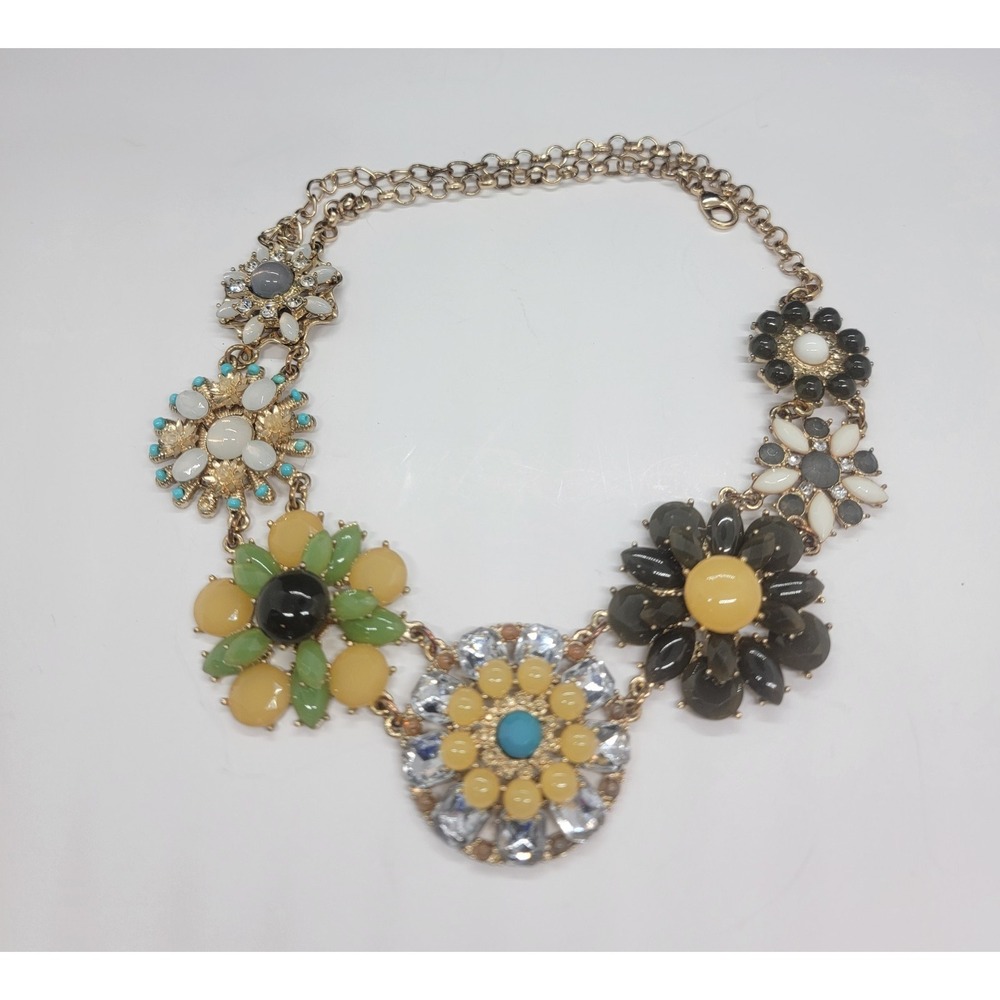 Vintage Floral Bib Statement Goldtone Necklace With Mixed Stone Flowers